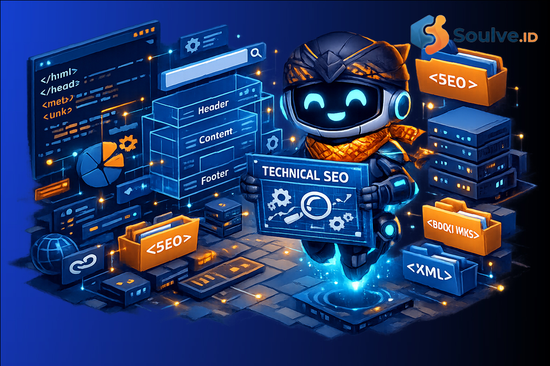 Ilustrasi struktur kode website technical SEO yang rapi oleh Arka