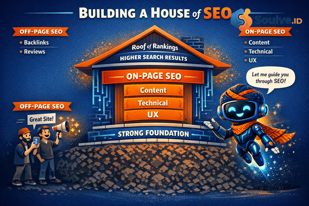 Infografis analogi membangun rumah untuk SEO On Page dan Off Page