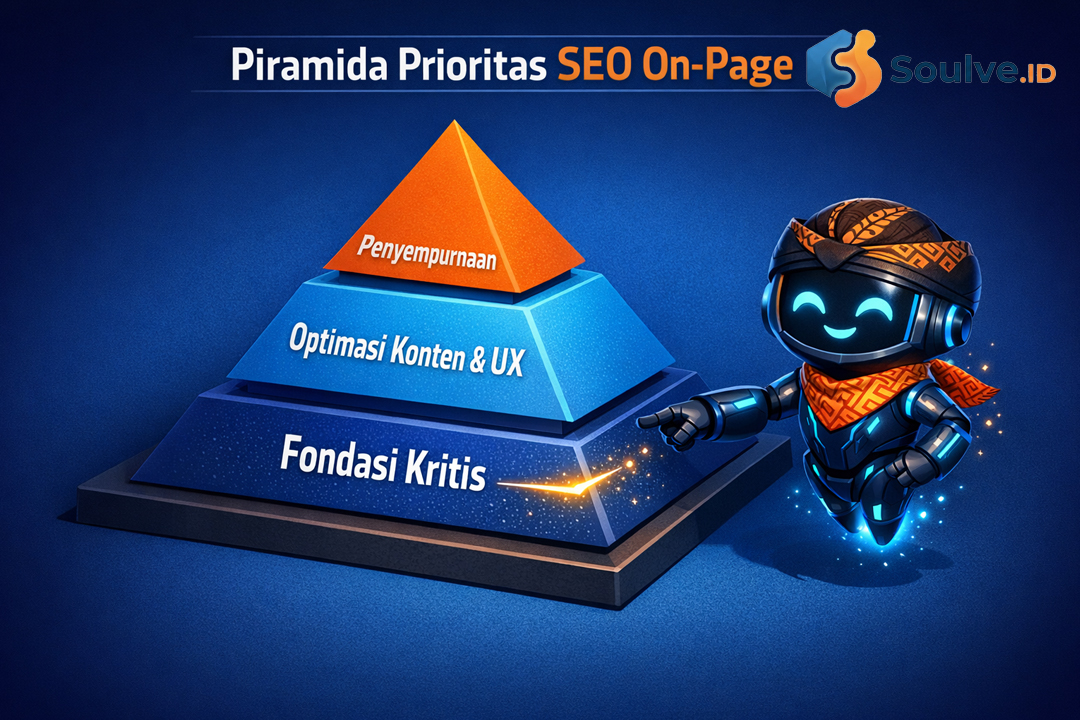 Ilustrasi Piramida Prioritas SEO On-Page tiga tingkat.