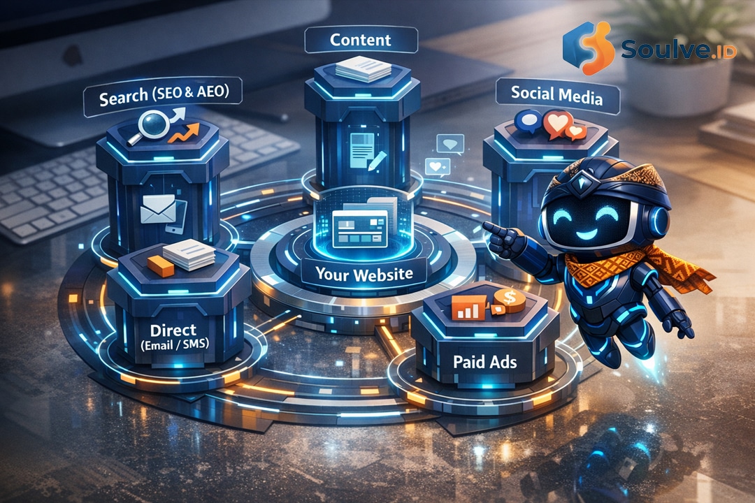 Infografis 5 pilar utama internet marketing 2026: Search Marketing, Content, Social Media, Paid Ads, dan Direct Marketing yang terhubung dengan website sebagai pusatnya.