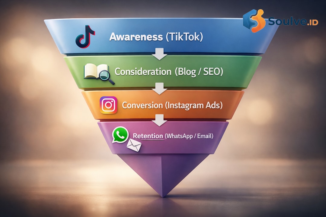 Diagram alur strategi internet marketing dari awareness hingga retensi menggunakan berbagai kanal digital.