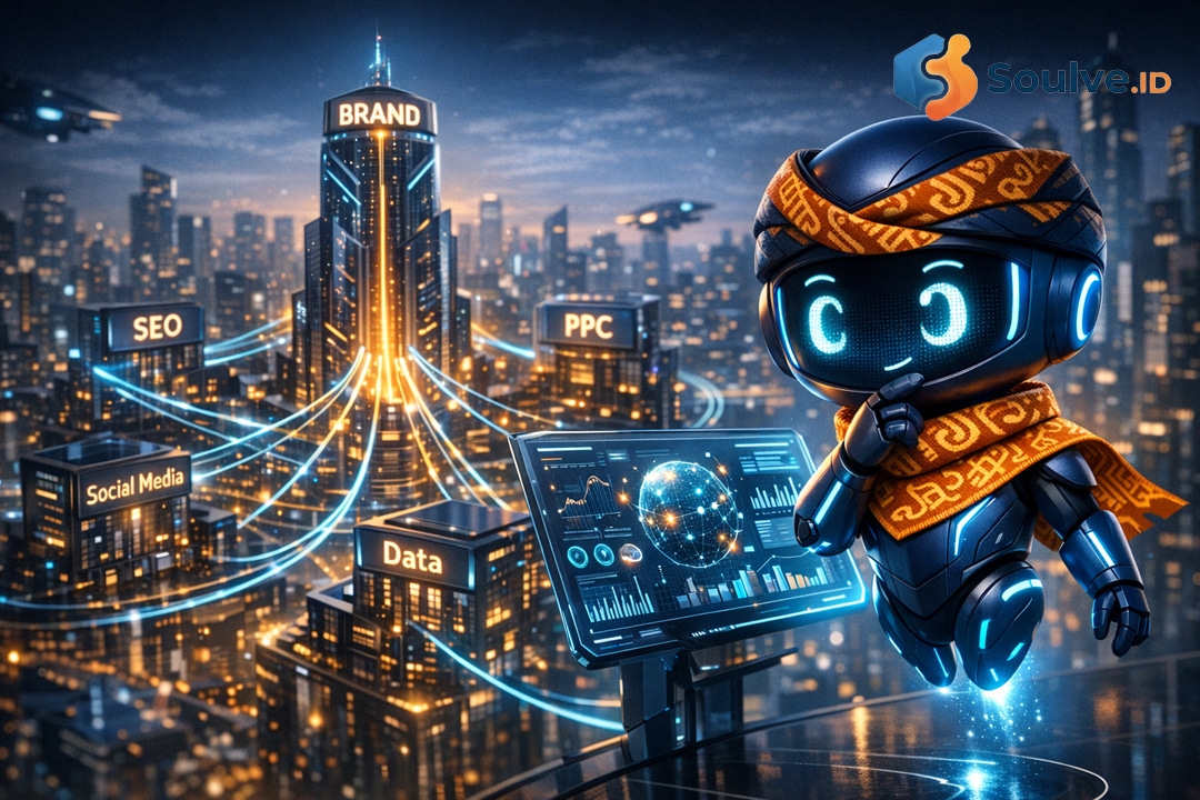 Visualisasi ekosistem digital marketing 2026 di mana data, AI, dan kanal marketing saling terhubung.