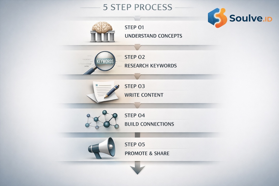 Infografis framework 5 langkah membuat cornerstone content, dari identifikasi topik hingga promosi.