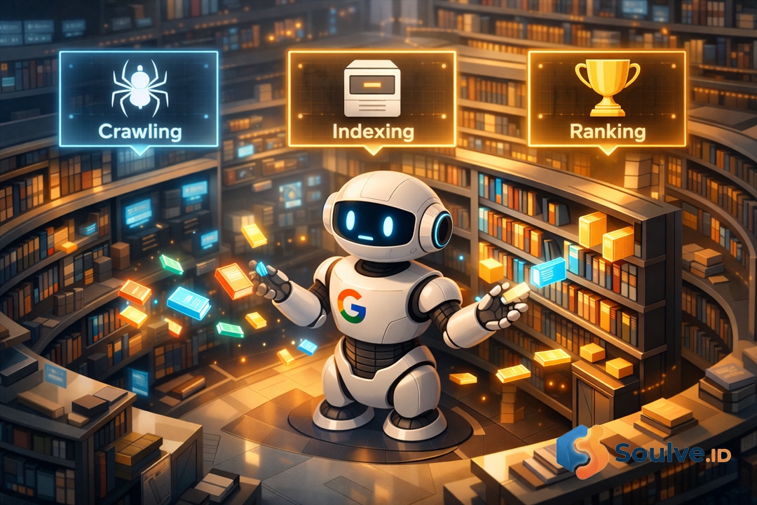 Infografis 3D proses cara kerja SEO dalam tiga tahap: crawling, indexing, dan ranking di perpustakaan digital Google.