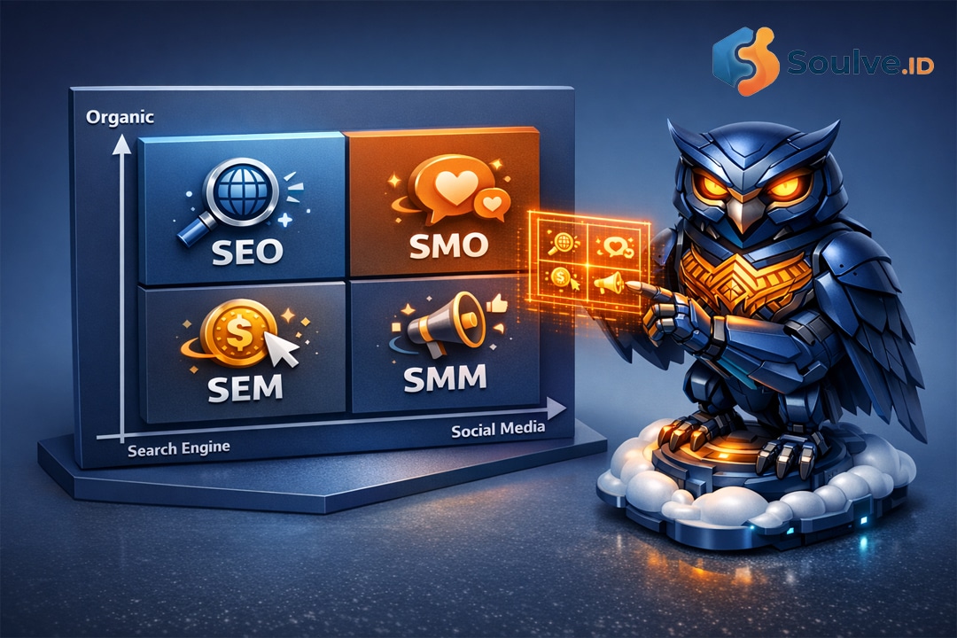 Infografik matriks 2x2 yang membedakan apa itu SEO, SEM, SMM, dan SMO berdasarkan platform dan metode.