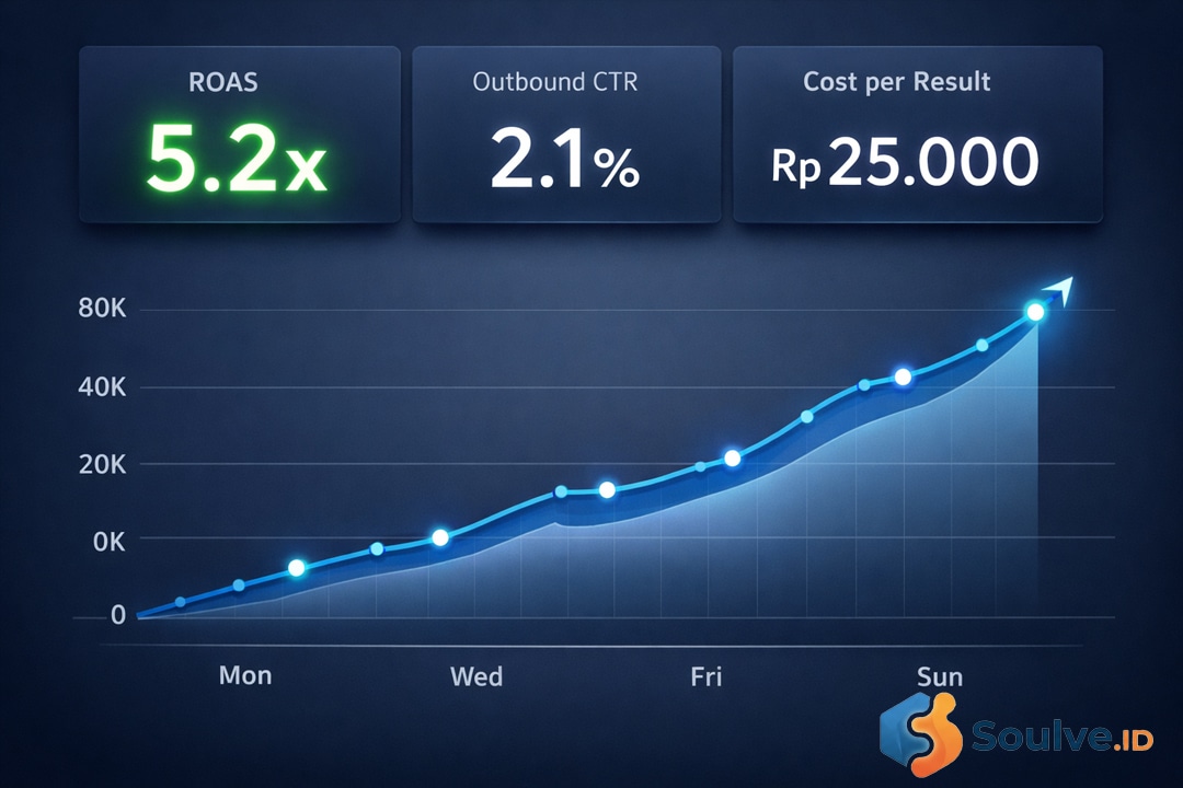 Contoh dashboard Meta Ads Manager yang menunjukkan metrik penting seperti ROAS, CTR, dan Cost per Result.