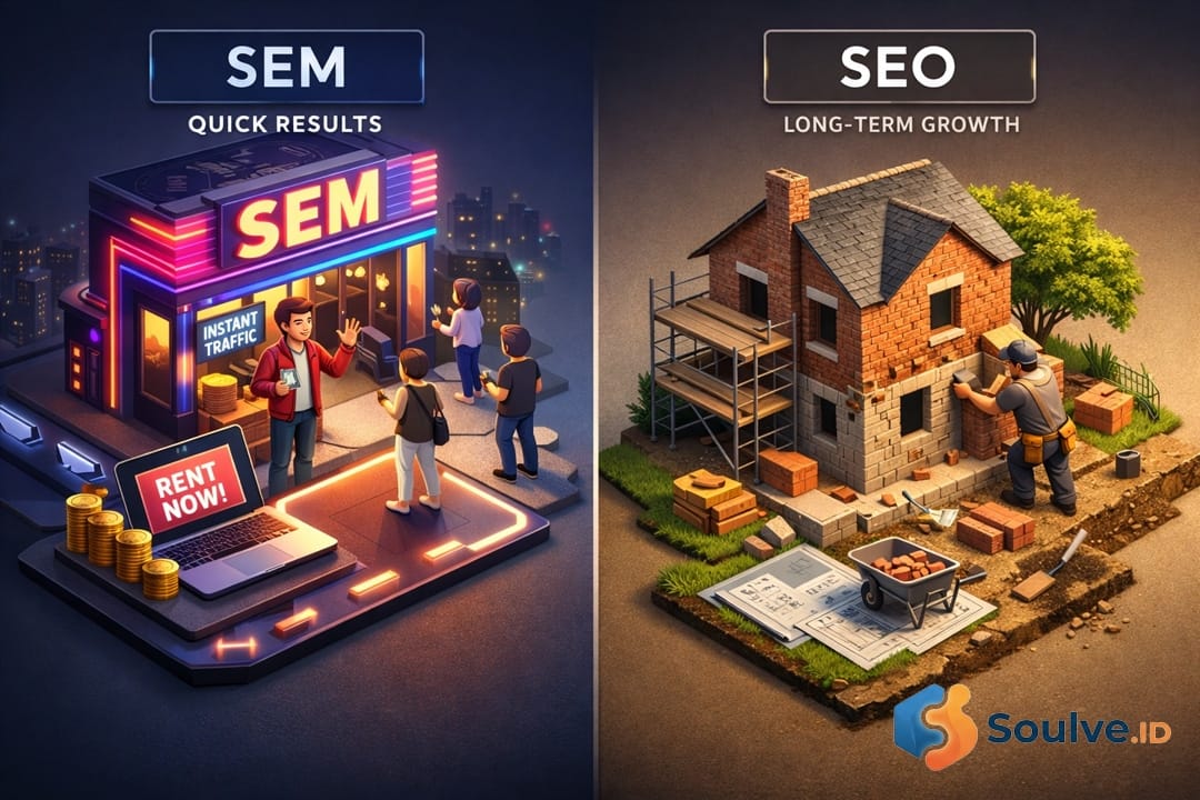 Visualisasi perbedaan SEM vs SEO menggunakan analogi menyewa ruko dan membangun rumah.