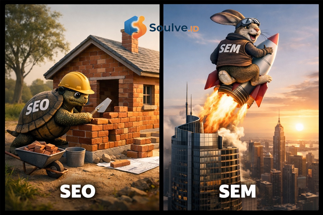 Perbandingan visual antara SEO yang merupakan investasi jangka panjang dan SEM yang memberikan hasil instan.